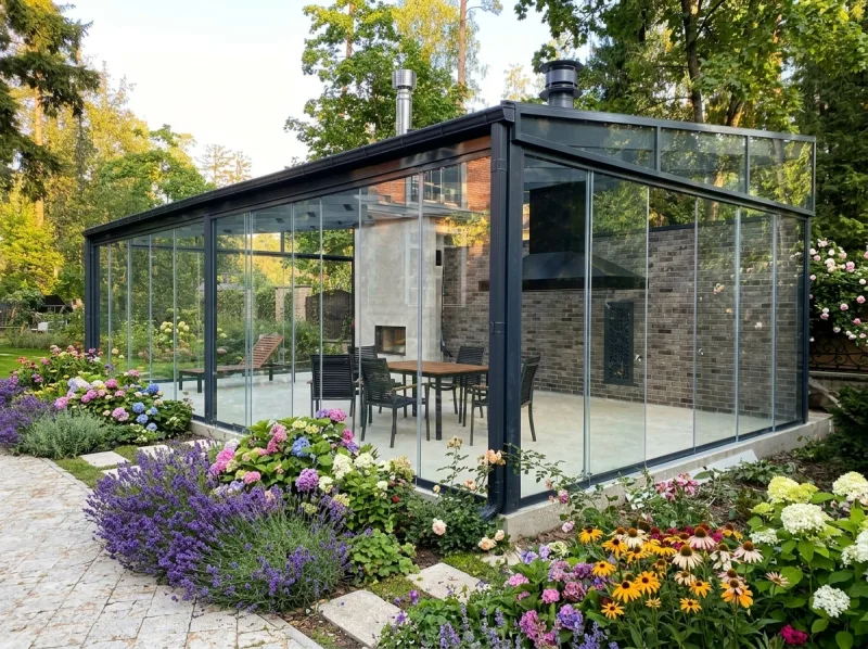 Садовая беседка с каменным камином — 50 м² — безрамное остекление — холодное
