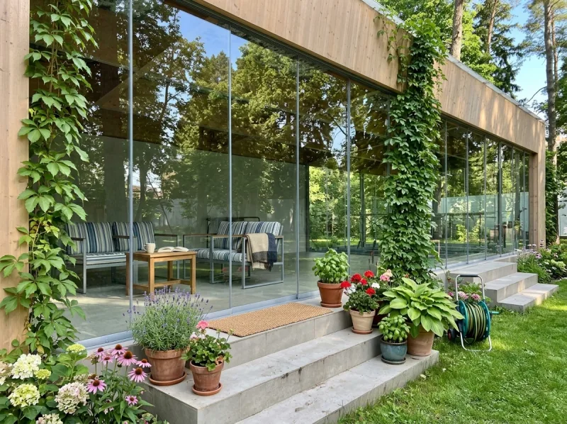 Стеклянная беседка в саду — 56 м² — безрамное остекление — холодное